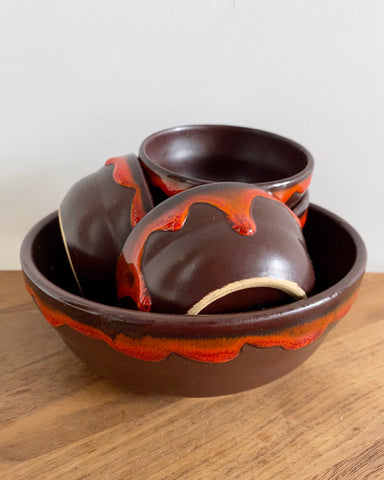 Brown ceramics and orange drip snack set